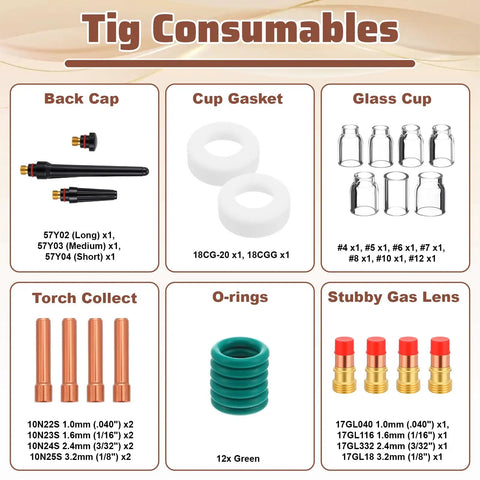 Badass TIG Welding Torch Accessories Kit Packed With Stubby Gas Lens Collets And Clear Glass Shrouds Snugs Right Up To WP17 WP18 WP26 Torches Plus Electrode Clips And Back Caps For A Hella Smooth Setup components overview.