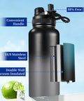 Bulk 8 Pack 32 Oz Double Wall Vacuum Insulated Stainless Steel Water Bottle With Leak Proof Flip Lid And Tote Handle, showing handle and BPA-free features.
