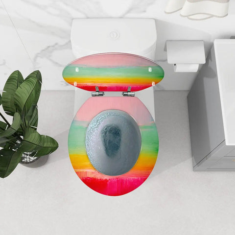 Round Resin Toilet Seat for Bathroom with colorful design, measures 14.5" x 16.5", fits most toilets.
