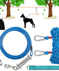 Glow In The Dark Reflective Dog Run Cable 75 Foot Rugged Heavy Duty Zipline For Yard And Camping With Ten Foot Tie Out And Shock Spring Up To Two Hundred Pounds, components displayed.