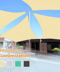 Beige 24x24 Sun Shade Sail With Beefy Heavy Duty Stainless Wire Rope Kit Includes 8 Inch Hardware installed on patio