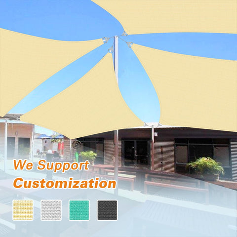 Beige 24x24 Sun Shade Sail With Beefy Heavy Duty Stainless Wire Rope Kit Includes 8 Inch Hardware installed on patio