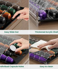 Clear Acrylic Coffee Pod Holder with 40 Pod Capacity for OriginalLine Capsules, sleek organizer showing easy slide out and cleaning