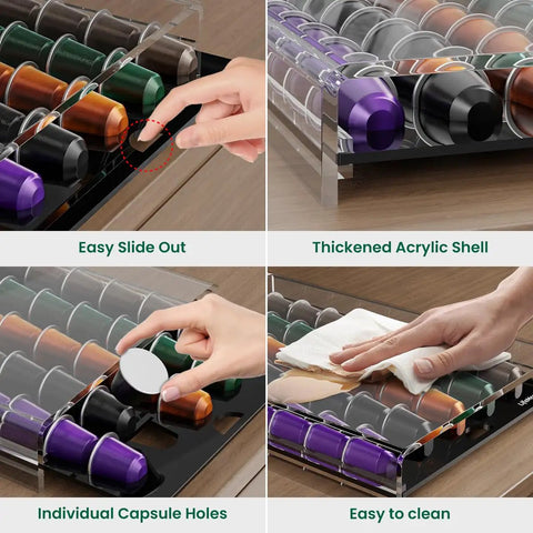 Clear Acrylic Coffee Pod Holder with 40 Pod Capacity for OriginalLine Capsules, sleek organizer showing easy slide out and cleaning