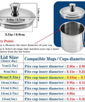 Solid Stainless Steel Universal Mug Lid Keeps Your Morning Grind Hot And Clean With Zero Fuss And An Ergonomic Circular Grip dimensions and compatibility details.