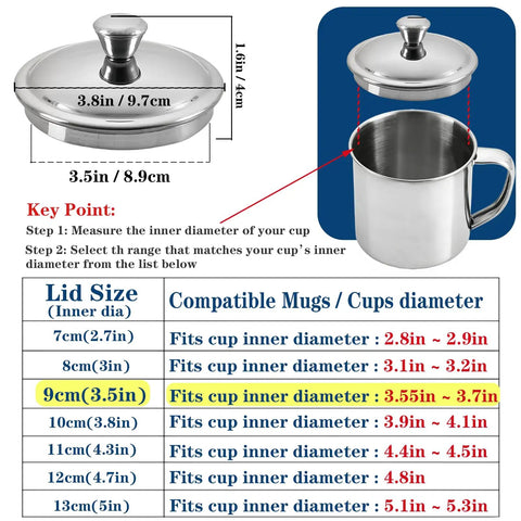 Solid Stainless Steel Universal Mug Lid Keeps Your Morning Grind Hot And Clean With Zero Fuss And An Ergonomic Circular Grip dimensions and compatibility details.