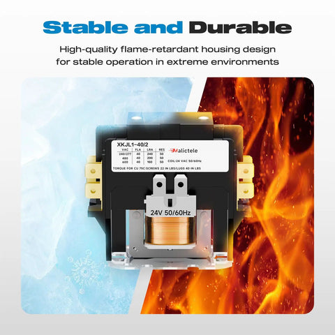 2 Pole 40 Amp 24V AC Contactor For HVAC Outdoor Units And Condensers with flame-retardant housing, shown against fire and ice background