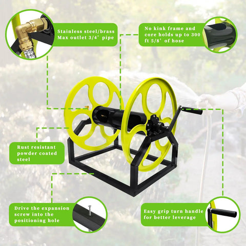 Heavy Duty Garden Hose Reel With Crank Handle Retractable 5/8 Inch Hose Reel For Wall Or Floor Mount No Hassle Metal Construction