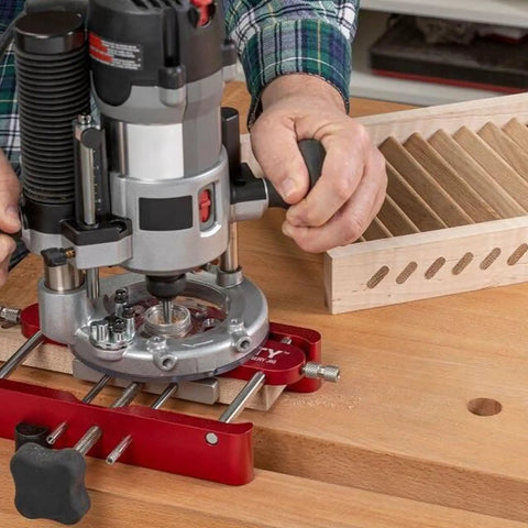 Precision Woodworking Mortise And Tenon Jig With Self Centering Loose Tenon Doweling Kit in use with router on wood.