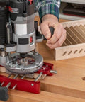 Top Shelf Mortise Tenon Jig For Woodworking With Self Centering Dowel Guide And Punch Locator in use on a wooden surface.