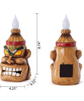 Front and back view of Outdoor Solar Tiki Head Statue With Dancing Flame Glow For Garden Yard Patio Tiki Bar Style Torch Light Figurine, 8.74 in tall, resin material, dimensions shown. 