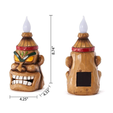 Front and back view of Outdoor Solar Tiki Head Statue With Dancing Flame Glow For Garden Yard Patio Tiki Bar Style Torch Light Figurine, 8.74 in tall, resin material, dimensions shown. 