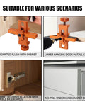 Adjustable Cabinet Door Positioning Tool And Mounting Jig For Frameless And Face Frame Cabinets Aluminum Alloy Construction Lightweight Durable Easy To Align And Install Like A Pro shown in four installation scenarios.