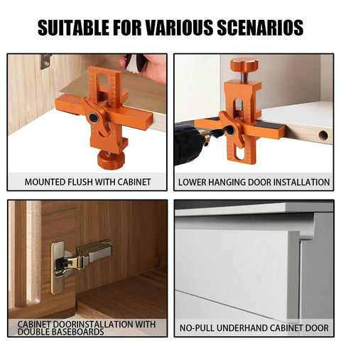 Adjustable Cabinet Door Positioning Tool And Mounting Jig For Frameless And Face Frame Cabinets Aluminum Alloy Construction Lightweight Durable Easy To Align And Install Like A Pro shown in four installation scenarios.