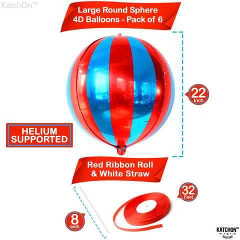Massive 22 Inch Red And Blue 4D Foil Carnival Balloons Pack Of 6 For Circus Theme Party Decor 360 Degree Striped Balloons