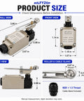 Heavy Lifter Adjustable Roller Lever Limit Switch For Factory Equipment 380V 10A side view with dimensions and slotted metal arm.