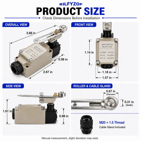 Heavy Lifter Adjustable Roller Lever Limit Switch For Factory Equipment 380V 10A side view with dimensions and slotted metal arm.