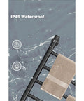 Smart 180 Degree Rotating Heated Towel Rack With 1 Hour To 8 Hour Timer 82 Watt Wall Mounted Towel Warmer With Digital LCD Temperature Control 45 To 70 Celsius Maintains Constant 55 Celsius Black showing waterproof feature with towels