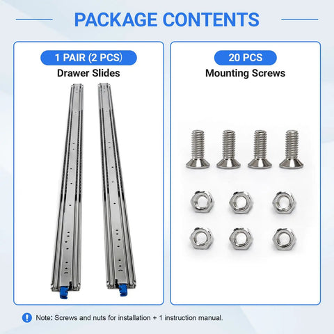 Heavy Duty 72 Inch Drawer Slides With 500 Lb Capacity, Full Extension, Lock-In Lock-Out, Side Mount Ball Bearing Rails For RV, Truck Bed, Trailer, And Pull-Out Tool Drawers, with screws and nuts