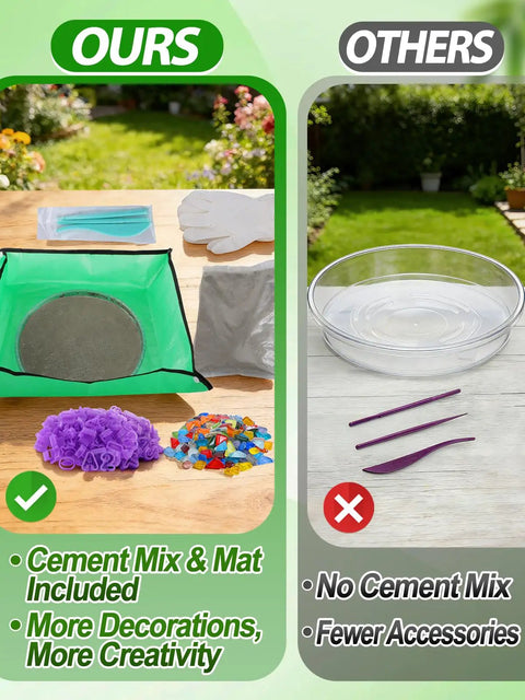 Comparison of All In One 10 Inch Stepping Stone Kit With Cement Mix Concrete Molds Mosaic Tiles Carving Tools Letter And Number Stamps Gloves And Mat to simpler kit without cement mix