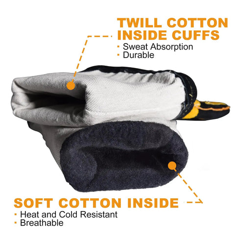 Interior view of 16 Inch Extreme Heat Resistant Leather Welding Gloves With Kevlar Reinforcement And Double Stitching, showing twill and soft cotton lining.