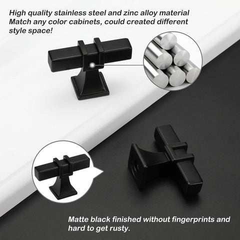 10 Pack Matte Black Cabinet Knobs For Cabinets And Drawers 50mm Length 30mm Height 20mm Base Stainless Steel Square Tube T Bar Kitchen Hardware Easy Install Durable Dresser Knob Pulls For Kitchen Makeover matte black square cabinet knob on display