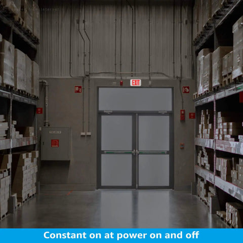 Red LED Exit Sign With Battery Backup For Wet Spots above warehouse doors, UL Listed Outdoor Hardwired Emergency Lighting visible