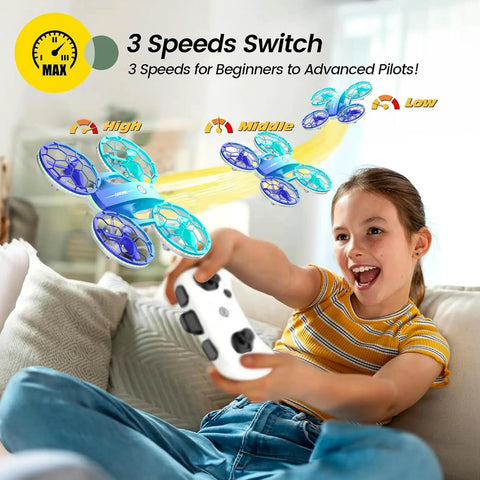 Girl playing with Kid Friendly Indoor Quadcopter With 2 Modular Batteries 360 Degree Flips Auto Hover 3 Speed Modes LED Lights Easy One Key Takeoff