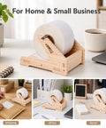 Solid Wood Label Holder And Sticker Dispenser for Roll Labels and Thermal Stickers on a desk with office supplies