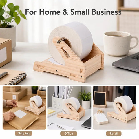 Solid Wood Label Holder And Sticker Dispenser for Roll Labels and Thermal Stickers on a desk with office supplies