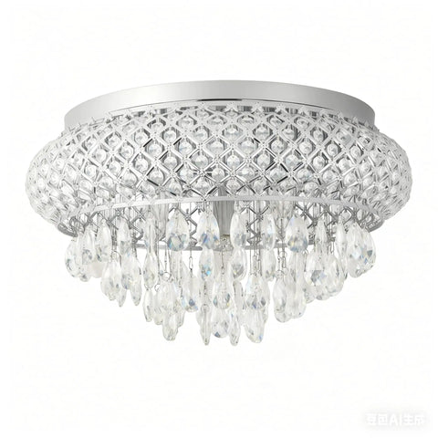 Crystal Chandelier 19.5 Inch 5 Light Vintage Ceiling Fixture With Drum Raindrop Shade In Chrome Finish For Living Room Kitchen Dining Room Entryway Boss Level Sparkle Flush Mount Lighting, featuring hanging crystals and chrome detail.