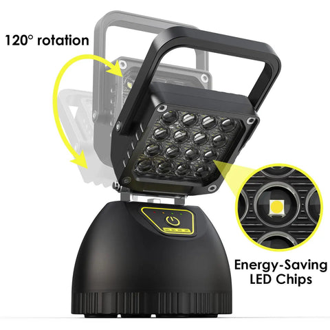 Rechargeable Foldable LED Work Light 32W with 8000mAh Battery shows 120-degree adjustable beam and energy-saving LED chips