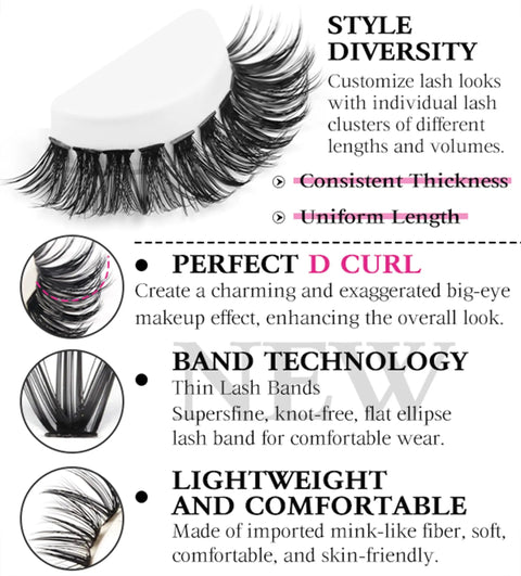 Lash Extension Kit With 280 Mink Like Cluster Lashes D Curl Volume 9 To 16 Mm 40D 50D Includes 3 Lash Brushes Thin Band