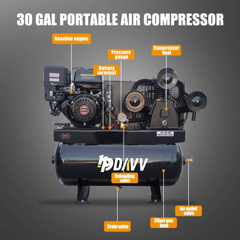 Heavy Duty Gas Piston Air Compressor 13HP 44CFM 30 Gal Tank 125PSI For Industrial Use Reliable Power And Efficiency