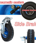 Two Pack Industrial Heavy Duty Casters Featuring Rock Solid Pneumatic Rubber Tires Smooth Swivel Wheels With Tight Brakes And Killer Load Rating For No Sweat Heavy Moving showing side brake and inflatable inner tube details.