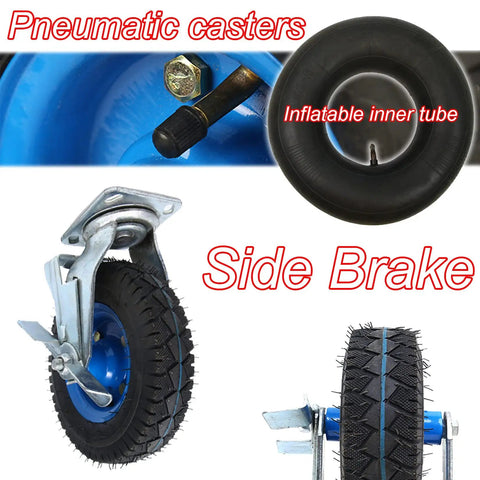 Two Pack Industrial Heavy Duty Casters Featuring Rock Solid Pneumatic Rubber Tires Smooth Swivel Wheels With Tight Brakes And Killer Load Rating For No Sweat Heavy Moving showing side brake and inflatable inner tube details.