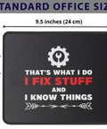 Mechanic Mouse Pad For Gearheads And Handymen Non Slip Auto Shop Desk Mat Great Gift For Men Dads And Husbands Who Love Engineering For Busy Dudes 9.5 Inch, featuring a 9.5x7.8 inch design with wrench graphic and text 'I fix stuff'