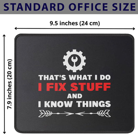 Mechanic Mouse Pad For Gearheads And Handymen Non Slip Auto Shop Desk Mat Great Gift For Men Dads And Husbands Who Love Engineering For Busy Dudes 9.5 Inch, featuring a 9.5x7.8 inch design with wrench graphic and text 'I fix stuff'