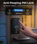 Smart Deadbolt Keyless Entry Door Lock Boasting AI Powered Fingerprint Recognition That Slips in Under Half A Second plus Bluetooth App Integration and Keypad Backup Provide Gnarly Convenience and Secure Peace of Mind in Slick Black keypad in use with a finger entering a code.