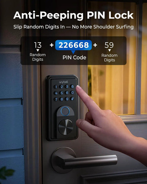 Smart Deadbolt Keyless Entry Door Lock Boasting AI Powered Fingerprint Recognition That Slips in Under Half A Second plus Bluetooth App Integration and Keypad Backup Provide Gnarly Convenience and Secure Peace of Mind in Slick Black keypad in use with a finger entering a code.