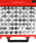 82-piece steel minus class ZZ tolerance pin gauge set in red case, 0.751 to 0.832 inch M5 negative, for precision machining and metrology.