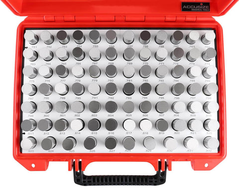 82-piece steel minus class ZZ tolerance pin gauge set in red case, 0.751 to 0.832 inch M5 negative, for precision machining and metrology.