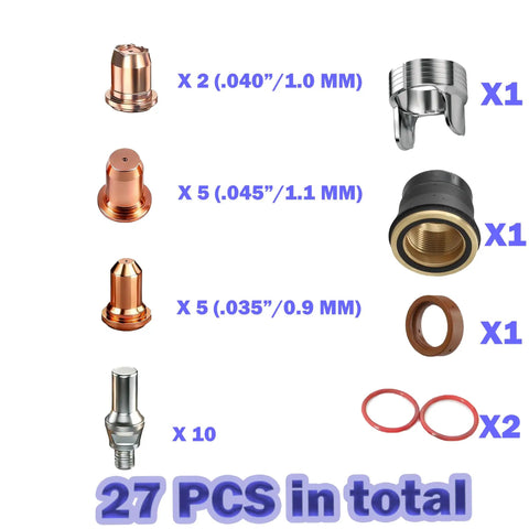 27Pc Plasma Cutter Tip Kit For IPT-60/PT-60 And IPT-40/PT40 Hafnium-Copper Electrodes And Copper Nozzles kit components shown