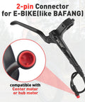 Close-up of 2-pin connector for e-bike with hydraulic front brake lever, compatible with center or hub motor.
