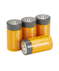 Heavy Duty C Cell Alkaline Batteries 1.5V 4 Pack Top Shelf Power For Home Toys Office Clocks Bright Flashlights stacked together, showing bright orange design.