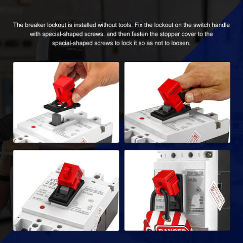 Clip-On Circuit Breaker Lockout Kit With Padlock And Tags For No Tool LOTO Locks in use on breaker handle, installed view