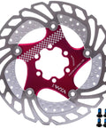 Front view of YBEKI premium floating brake rotor with red spider and two silver rings; 6-bolt mount.