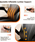Inflatable lumbar support adjustment on ergonomic office desk chair with padded flip up arms, PU leather, for all-day comfort.