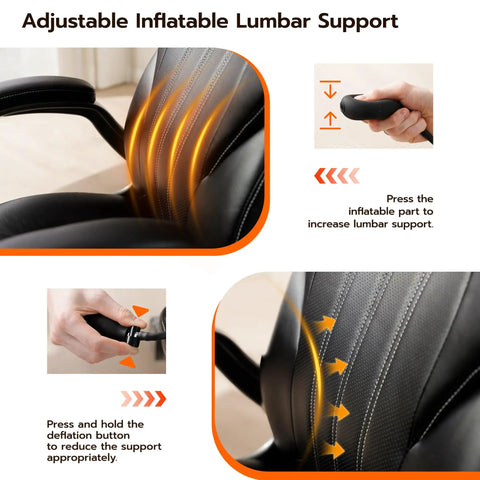 Inflatable lumbar support adjustment on ergonomic office desk chair with padded flip up arms, PU leather, for all-day comfort.