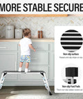 Boss Level Heavy Duty Aluminum Work Platform Folding Step Ladder With Non Slip Surface And Safety Lock Built To Last For Washing Cars Cleaning And Painting 45 Inch By 12 Inch By 27 Inch, child standing on ladder with non-slip surface